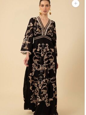 NWT Hale Bob Black Cassandra Maxi Dress with Cream & Gold Embroidery